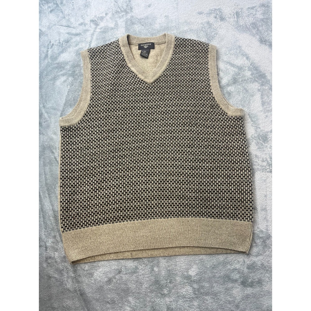 Dockers Womens Sweater Vest Tweed Preppy Light Academia Beige V-Neck Small